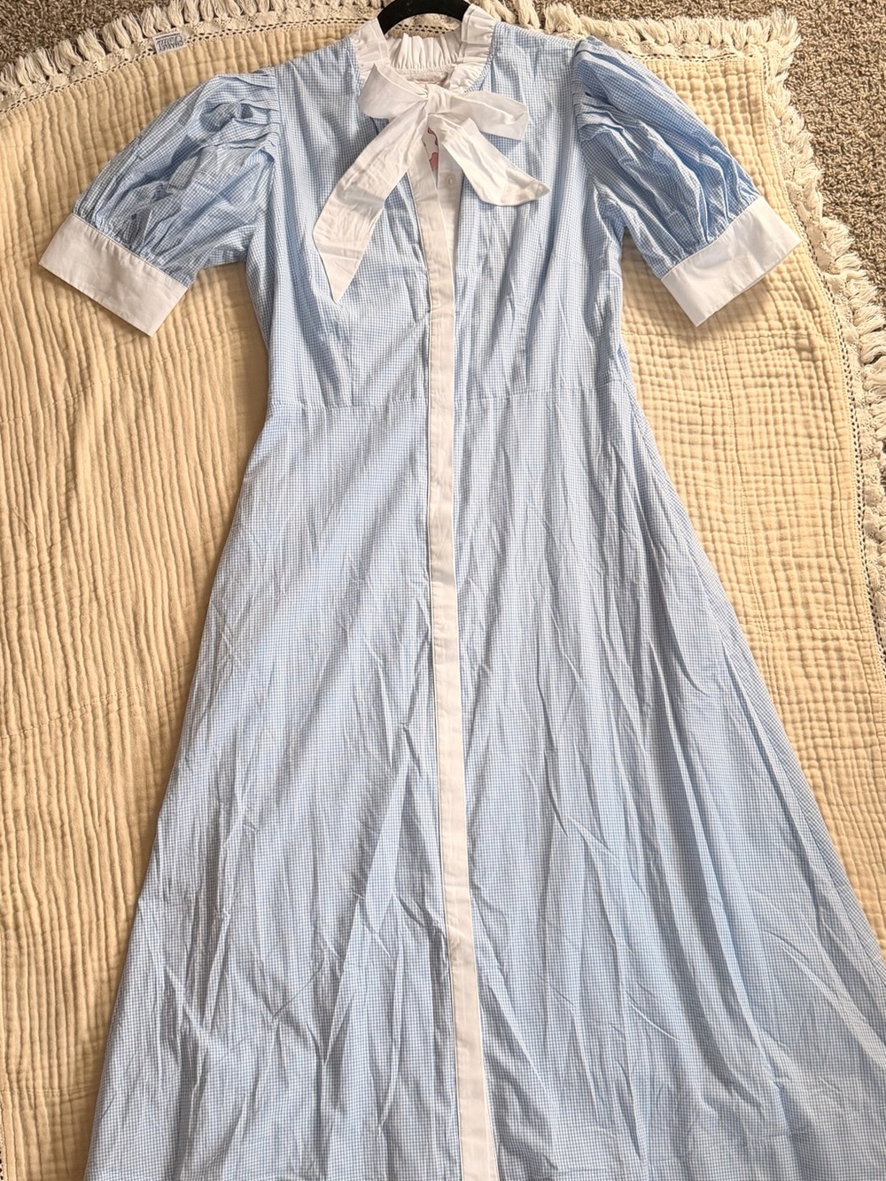 NWT BURU x Palm Beach Lately Beaux Blue Gingham Day Gown Bow Maxi Dress Sz L